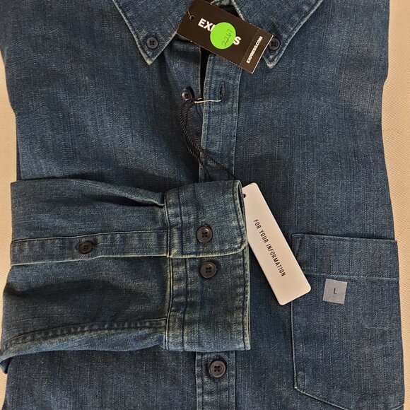Express Dark Blue NWT Men’s L Denim Button Collared Shirt - Picture 11 of 16